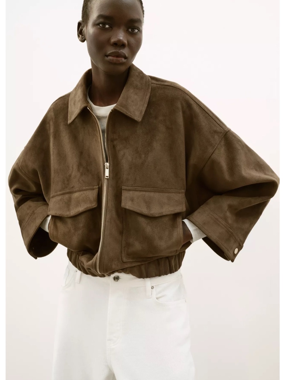 Zara Dark Khaki/Brown Faux Suede Zip Jacket